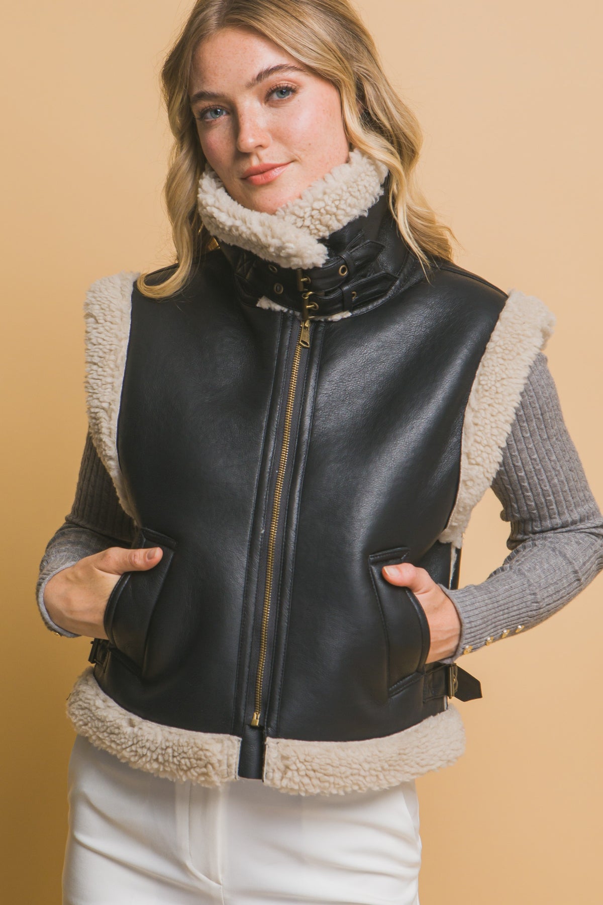 Vegan Leather Shearling Vest