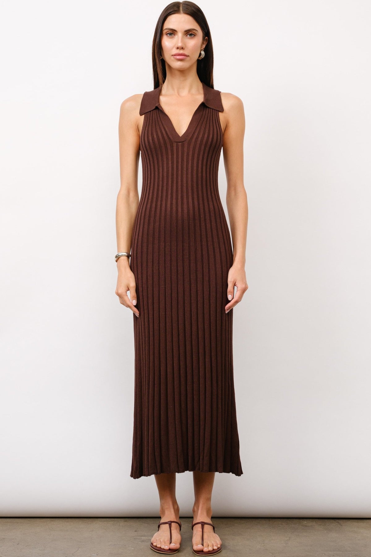 Solange Rib-Knit Collared Midi Dress