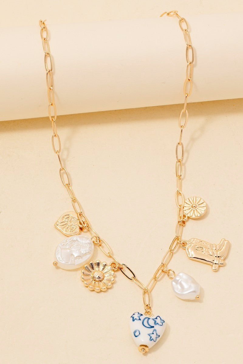 Heart Pearl And Floral Charms Necklace