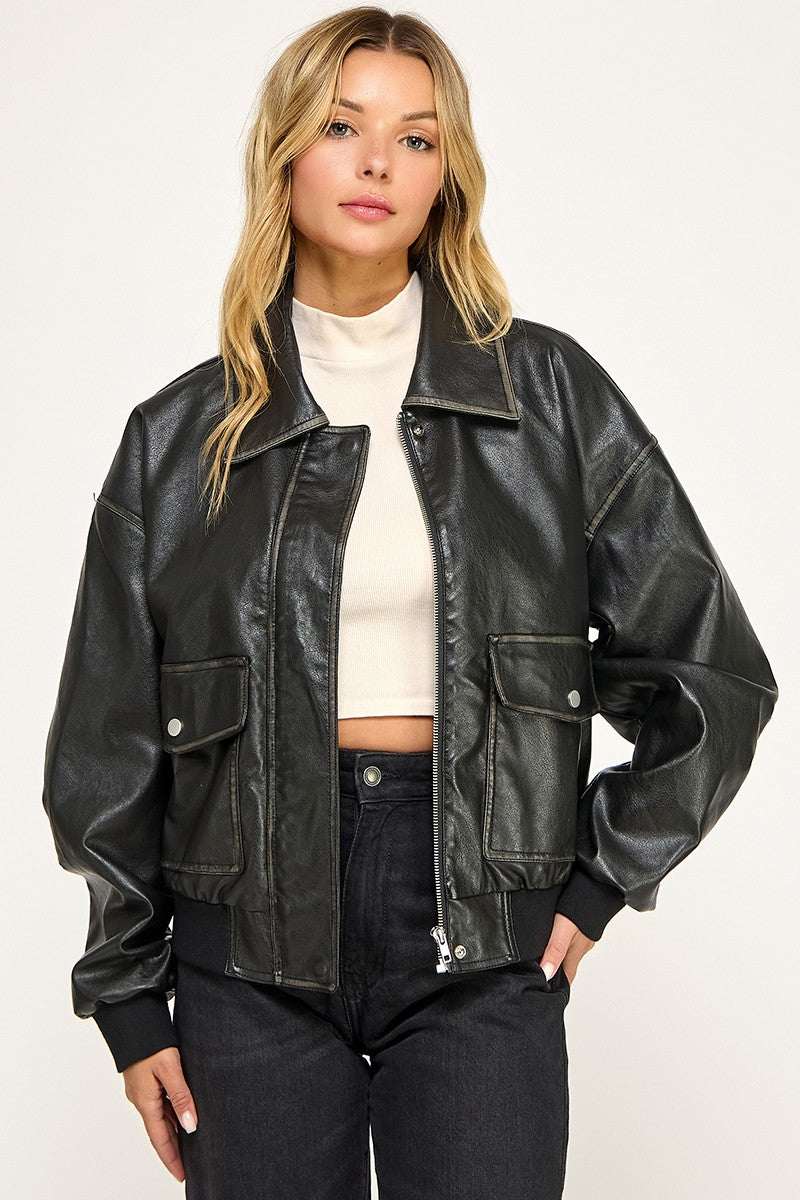 Sadie Faux Leather Bomber Jacket
