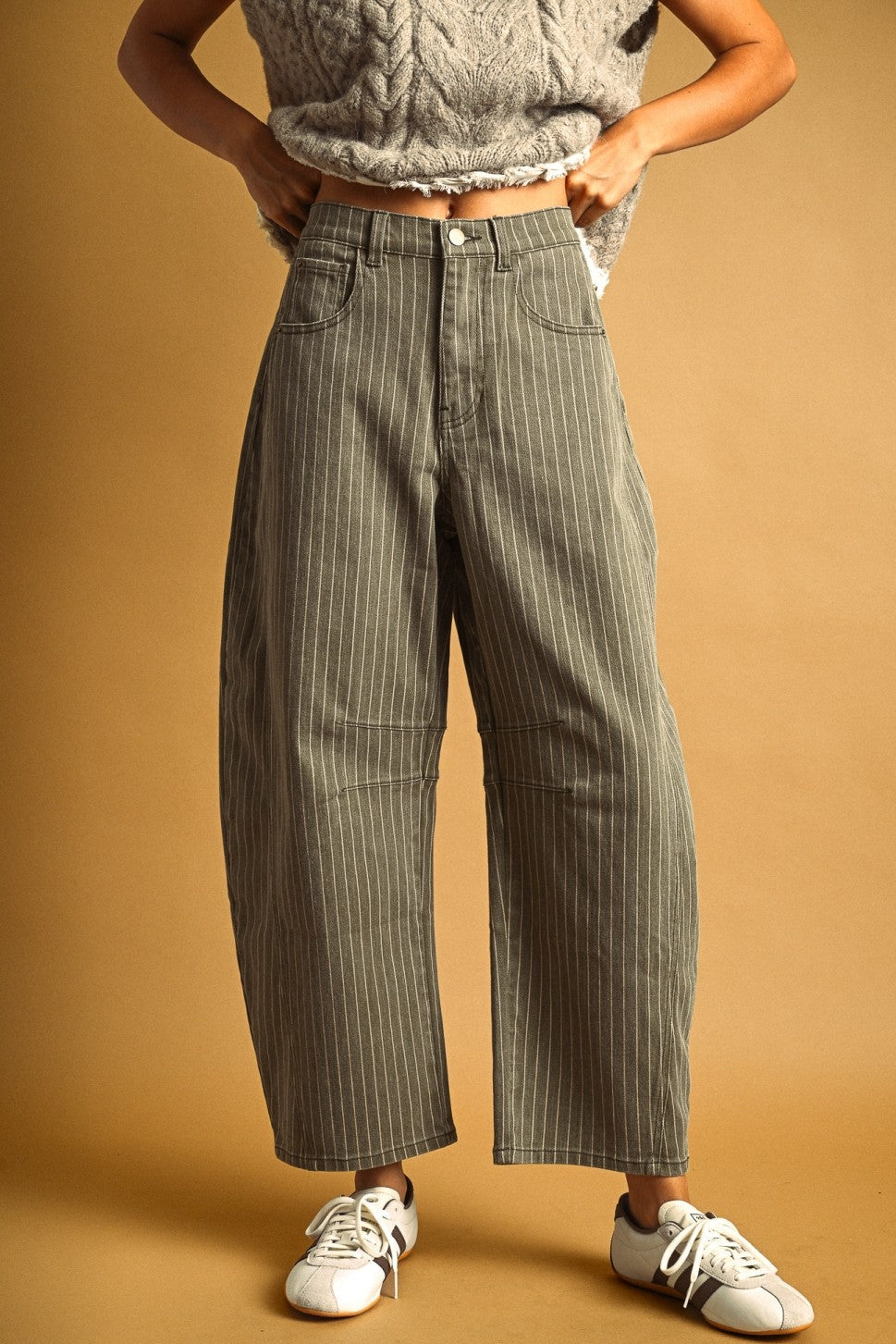 Sage Pinstripe Barrel Jeans