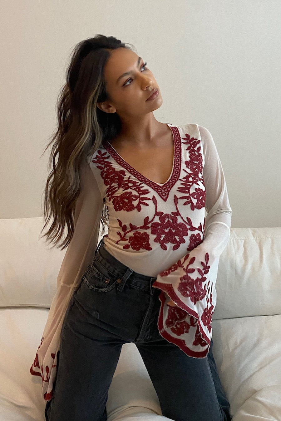 Chloe Embroidered Long Sleeve Bodysuit