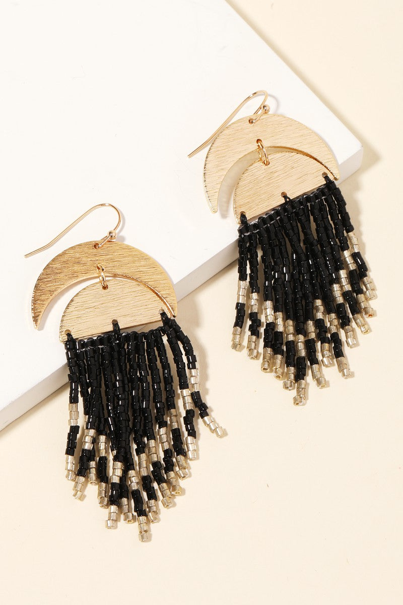 Crescent Moon Beaded Fringe Earrings